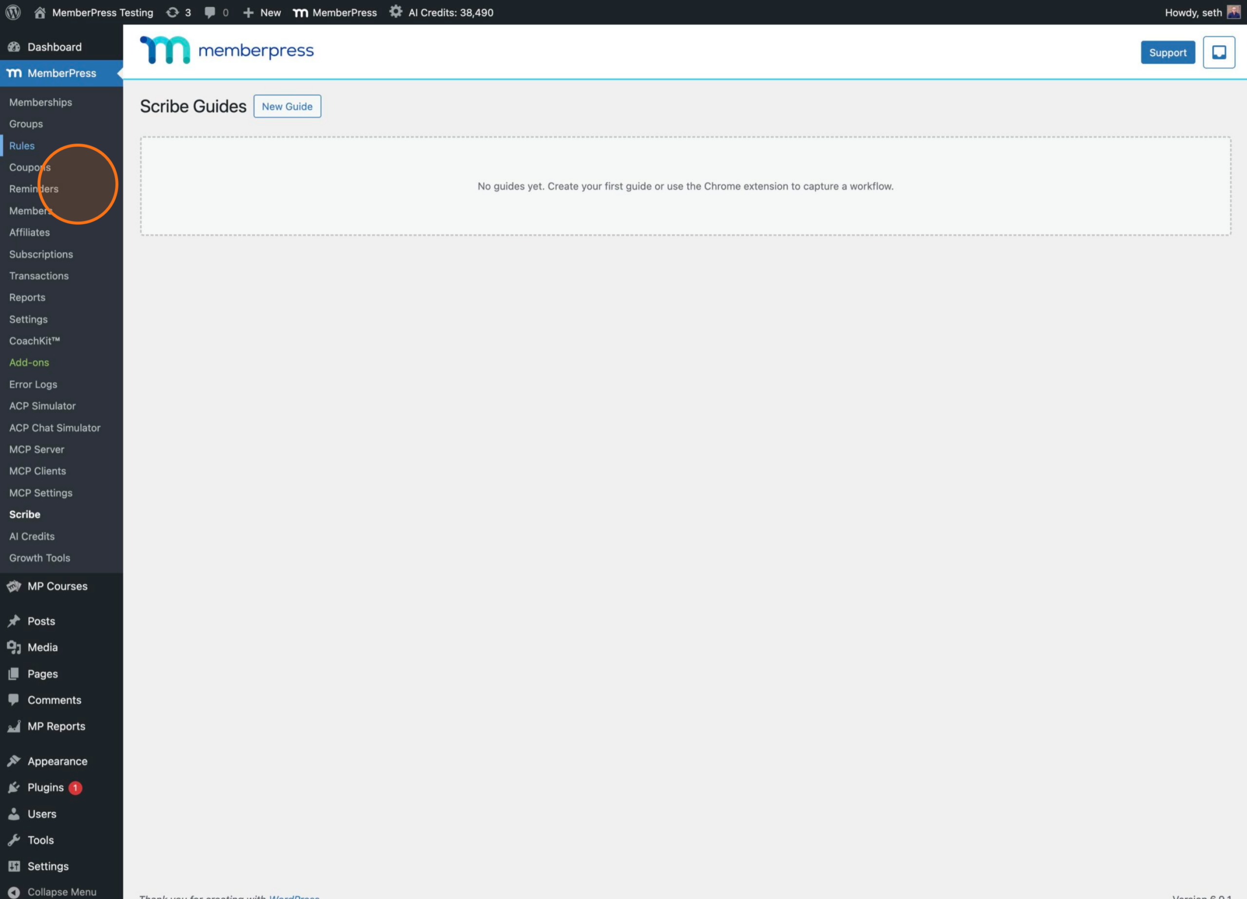 Click on the 'Rules' option in the MemberPress menu on the left sidebar.